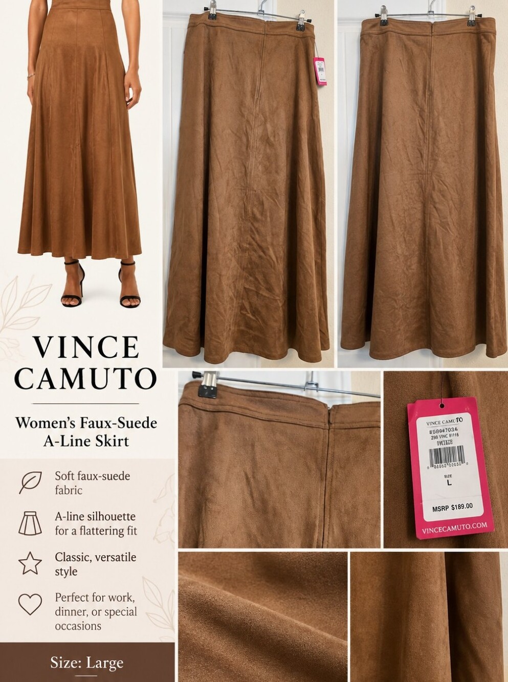 NWT Vince Camuto Brown Faux-Suede A-Line Maxi Skirt